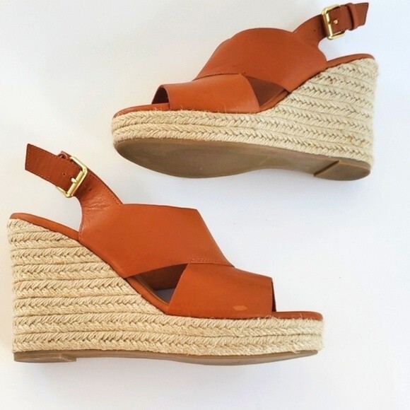 LANDS' END PLATFORM WEDGE SANDALS ESPADRILLES SHOES HONEY BROWN LEATHER SIZE 8 - Picture 1 of 7